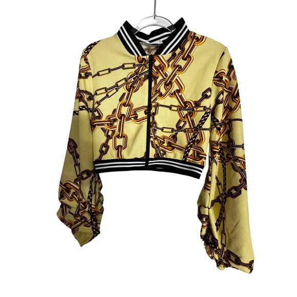 Chain Print Yellow Cropped Jacket &‎ Leggings Set XL Stretch Sexy Hip Hop Club - Picture 3 of 10